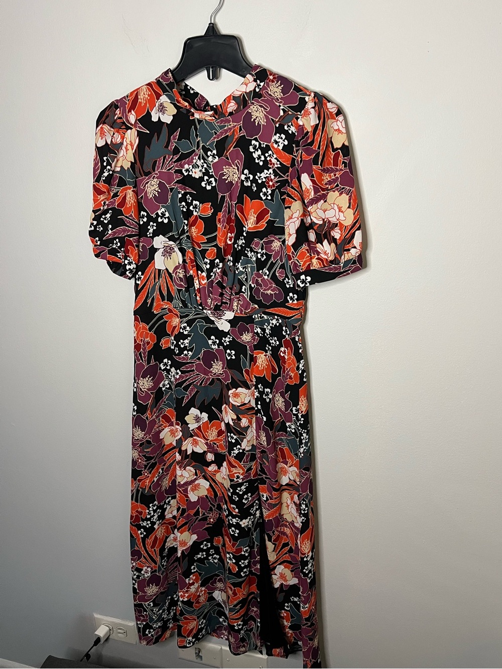 Julia Jordan  Puff Sleeve Midi Dress Black with Orange & Purple Floral Print S2 - Picture 5 of 16